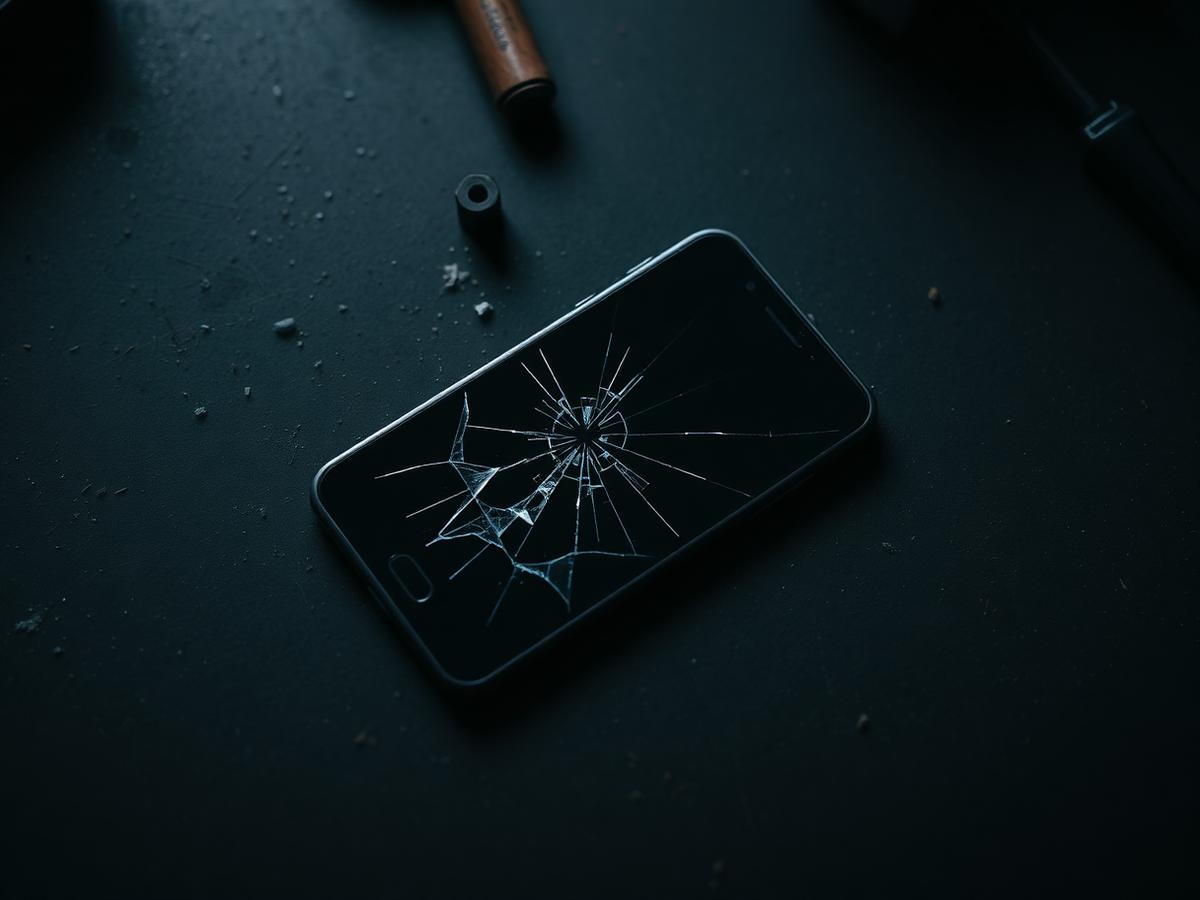 Smartphone à l'écran fissuré posé sur un plan de travail