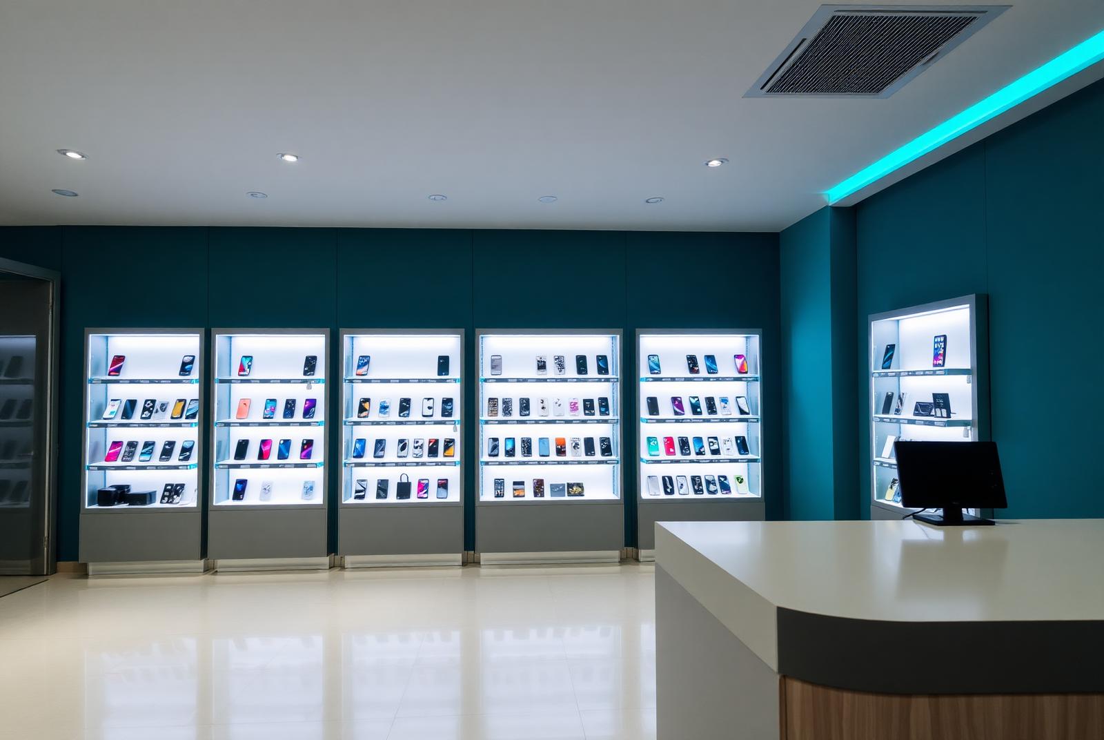 Intérieur d'un magasin de téléphonie mobile avec vitrines rétroéclairées